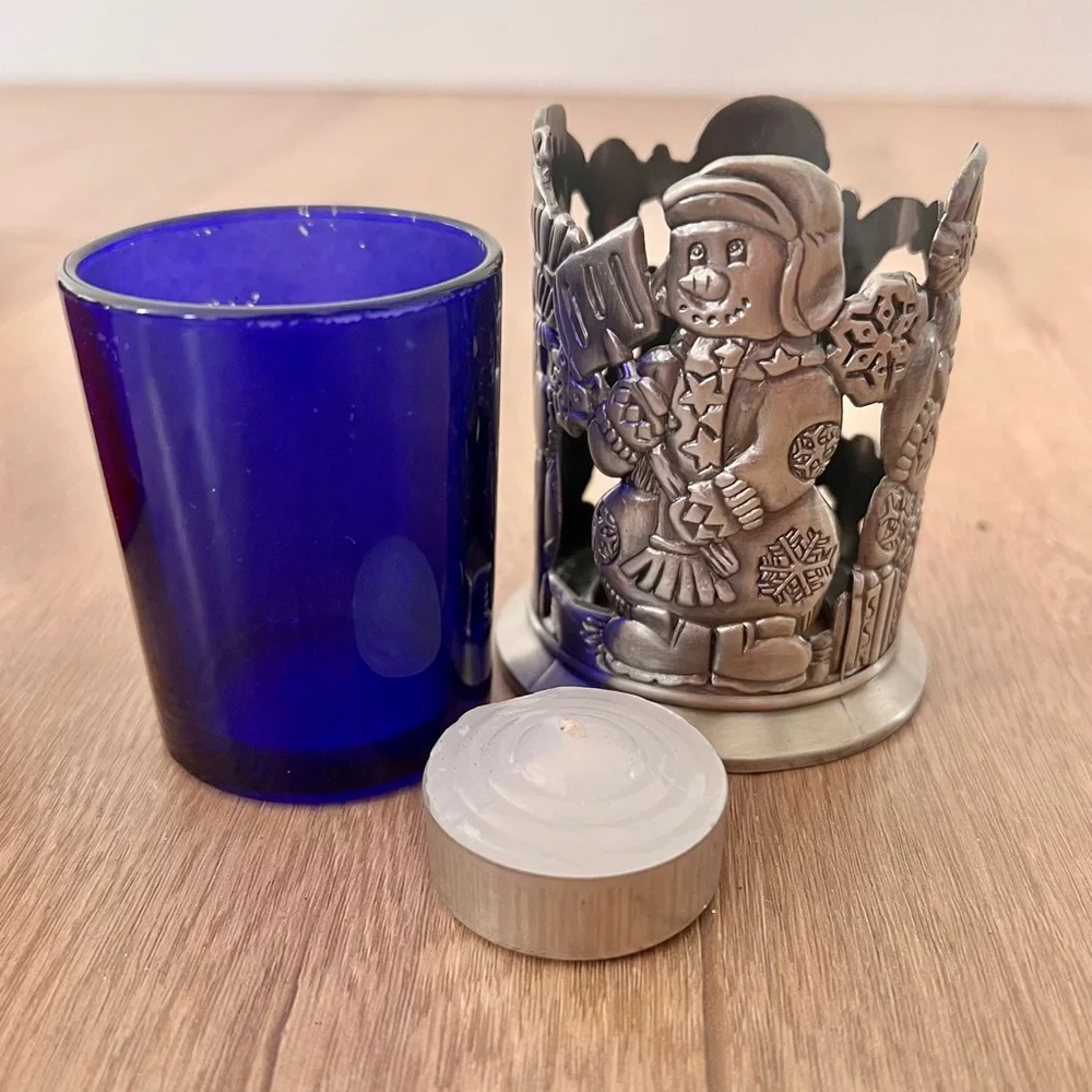 NIB Home For The Holidays Mini Votive Candle Holder Pewter Blue Glass Snow‎ Man